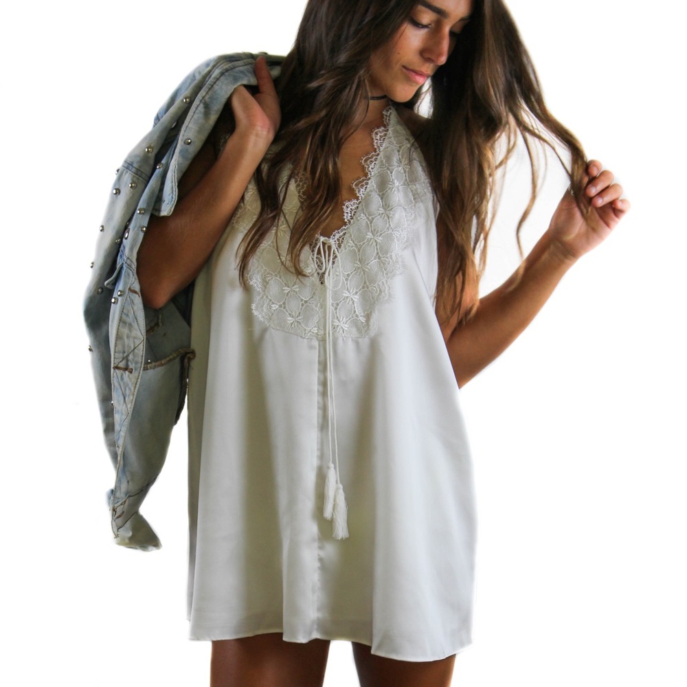 White Satin Halter Dress with Lace Detail